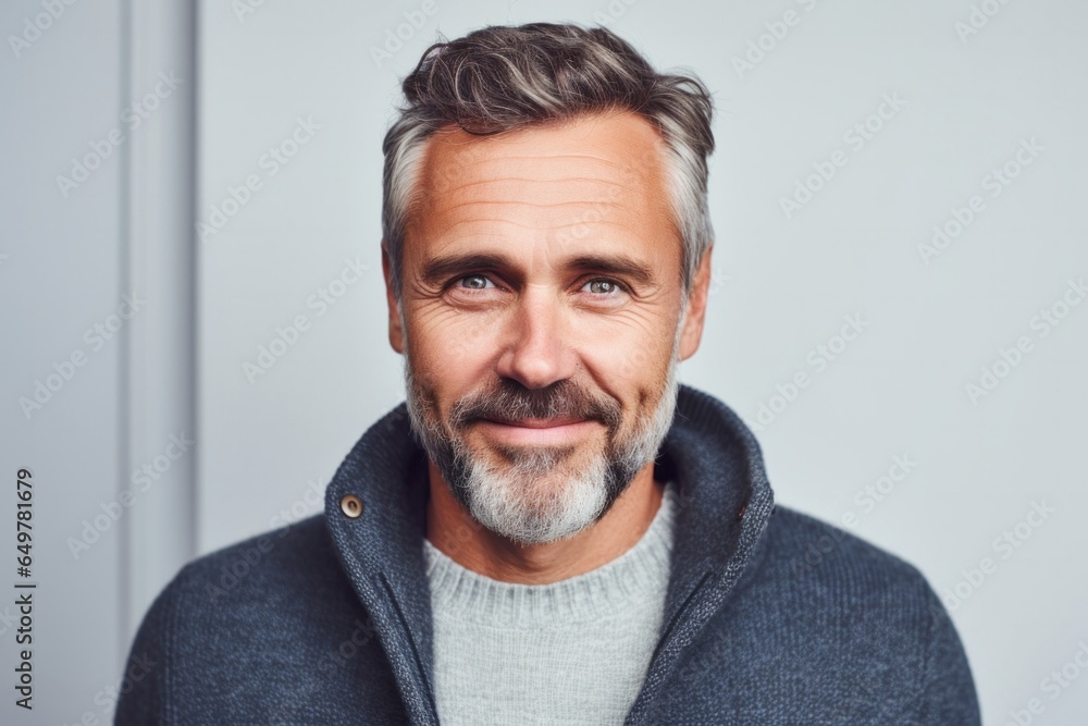 Confident mature man with gray hair and beard smiling for camera on gray background Confident mature man with gray hair and beard smiling for camera on gray background