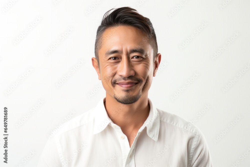 Cheerful adult with beard smiling and looking at camera on white background Cheerful adult with beard smiling and looking at camera on white background