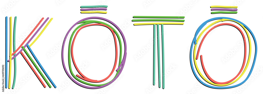 KOTO. Isolate neon doodle lettering text, multi-colored curved neon lines, felt-tip pen or pensil. Japanese city KOTO or Kyoto for banner, Japan t-shirts, mobile apps, typography, web resources - obrazy, fototapety, plakaty 