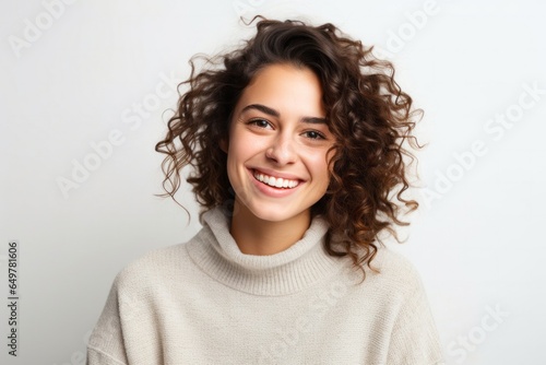 Cheerful caucasian woman with curly hair smiling in studio portrait
