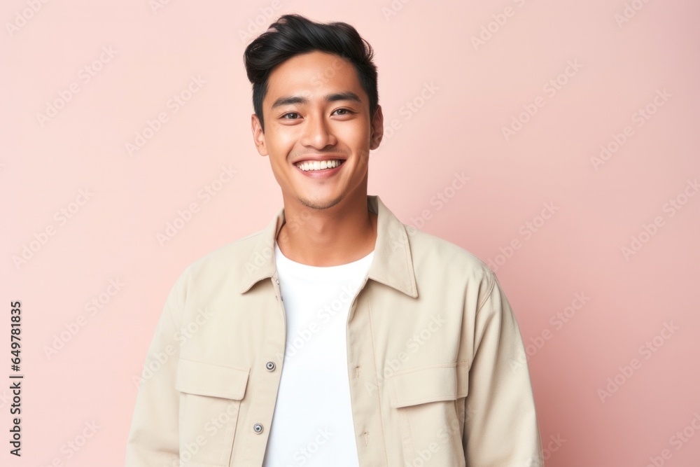 Cheerful adult with black hair smiling happily at the camera on colored background Cheerful adult with black hair smiling happily at the camera on colored background