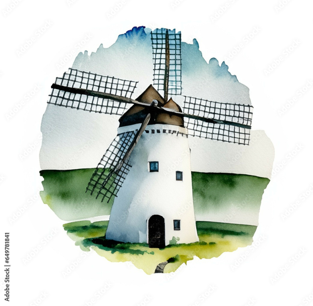Namalowany młyn wiatrak ilustracja - obrazy, fototapety, plakaty 