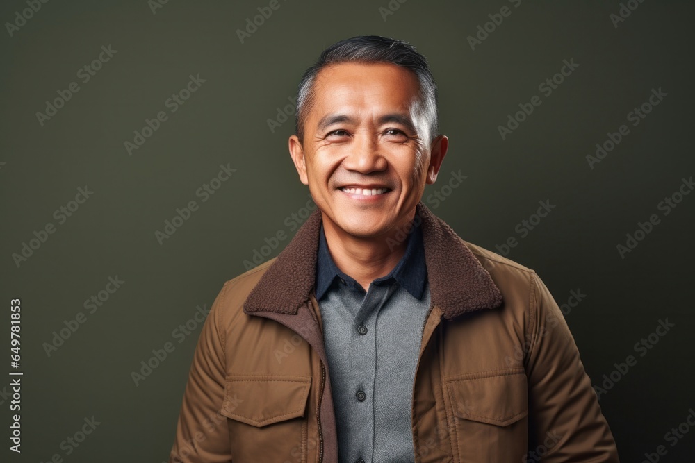 Cheerful mature man with facial hair smiling confidently at camera in a studio setting Cheerful mature man with facial hair smiling confidently at camera in a studio setting