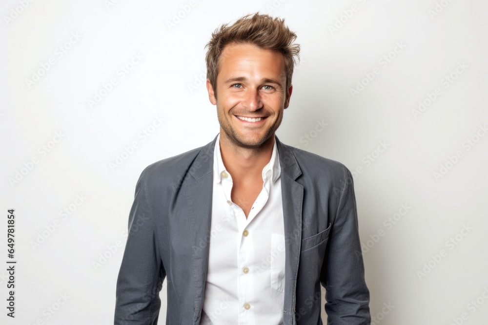 Smiling businessman with beard and gray clothing standing in studio Smiling businessman with beard and gray clothing standing in studio