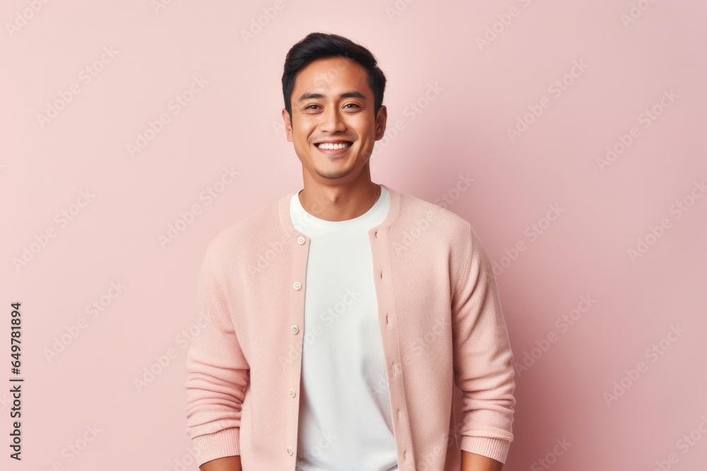 Cheerful adult in pink sweater smiling at camera on colored background