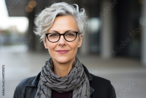 Smiling senior woman with gray hair wearing eyeglasses and scarf photo