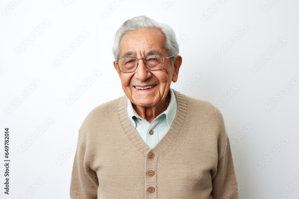 Cheerful senior man smiling at camera with joy on white background Cheerful senior man smiling at camera with joy on white background