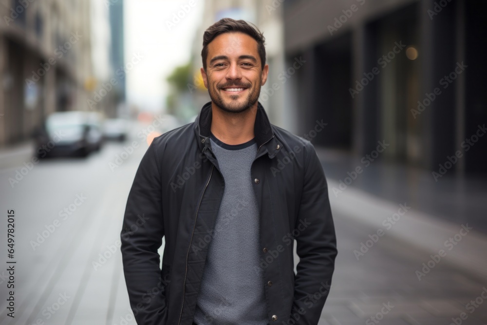 Smiling urban man in casual clothing standing in city street Smiling urban man in casual clothing standing in city street