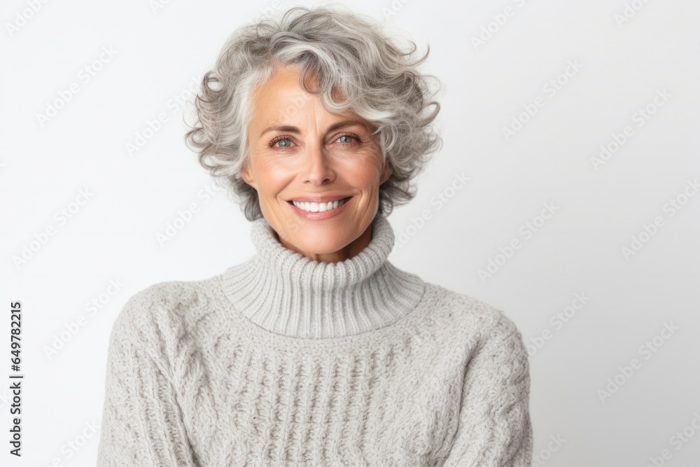 Cheerful senior woman with gray hair smiling in headshot portrait on white background Cheerful senior woman with gray hair smiling in headshot portrait on white background
