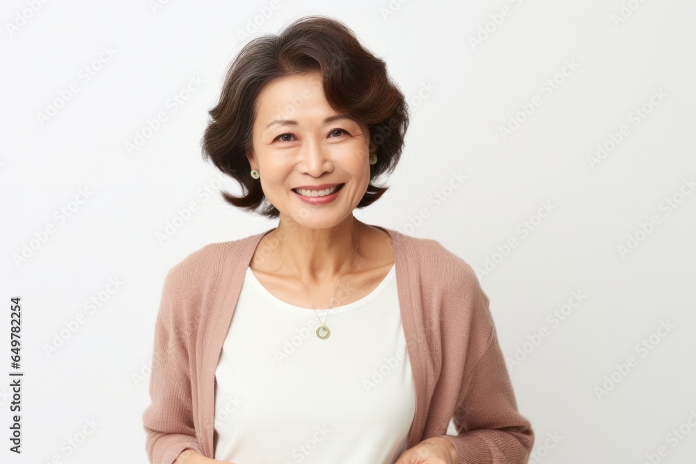 Cheerful mature woman with curly hair smiling at the camera in studio Cheerful mature woman with curly hair smiling at the camera in studio