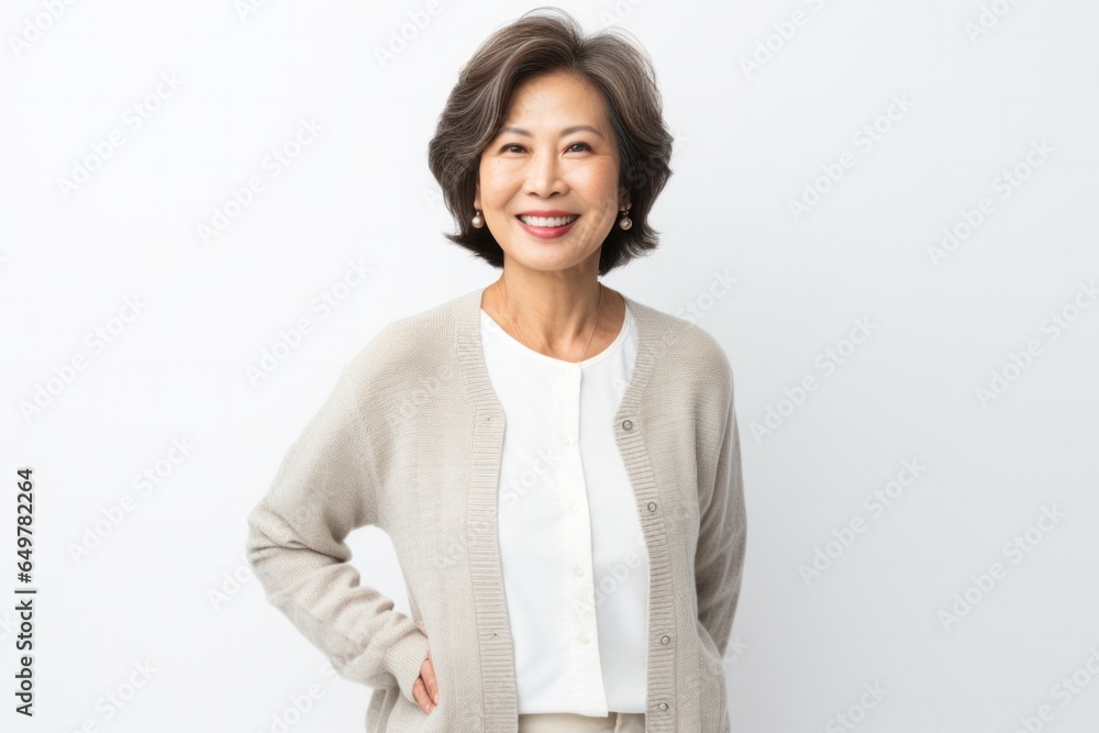 Cheerful adult woman smiling in white sweater on white background Cheerful adult woman smiling in white sweater on white background