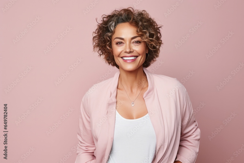 Cheerful woman with curly hair and delighted expression on colored background