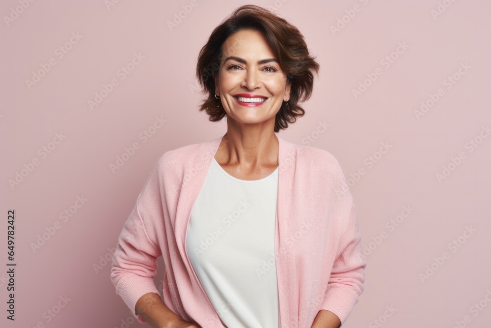 Cheerful woman with pink attire smiling and looking at camera