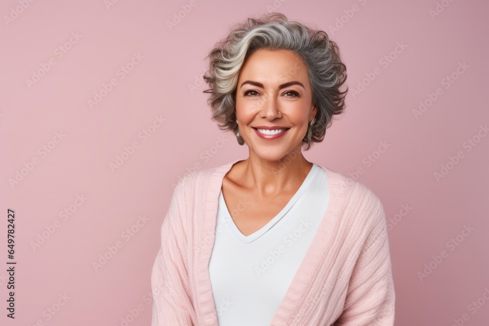 Cheerful woman with pink colored background smiling at the camera