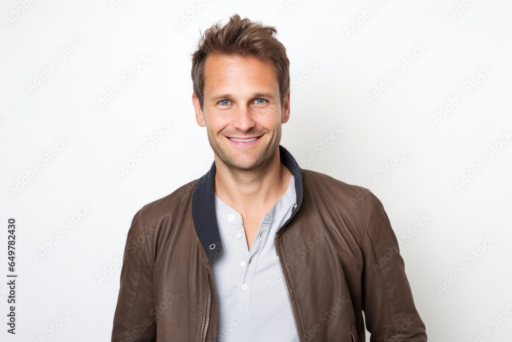 Cheerful bearded man in casual clothing smiling at camera on white background