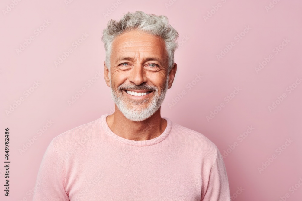 Smiling elderly person with gray and white hair in colored background