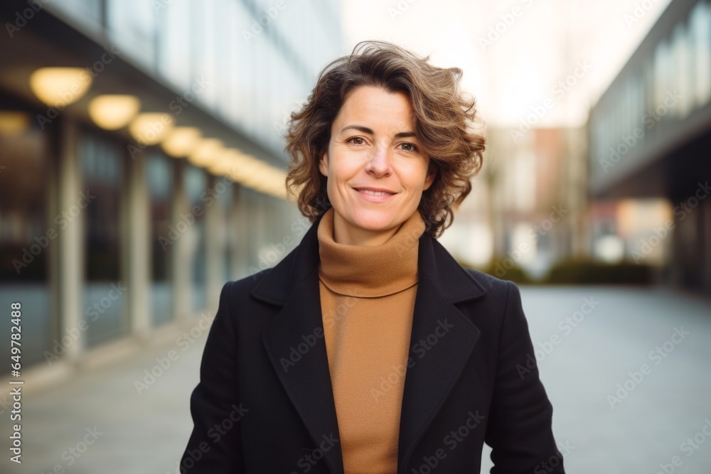 Joyful individual in urban landscape: Cheerful adult with curly hair smiling in city life