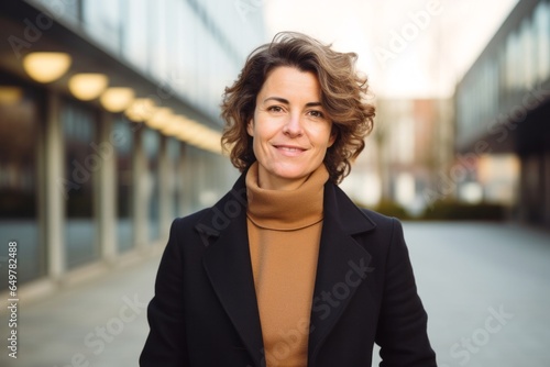 Obraz na płótnie Joyful individual in urban landscape: Cheerful adult with curly hair smiling in city life w salonie