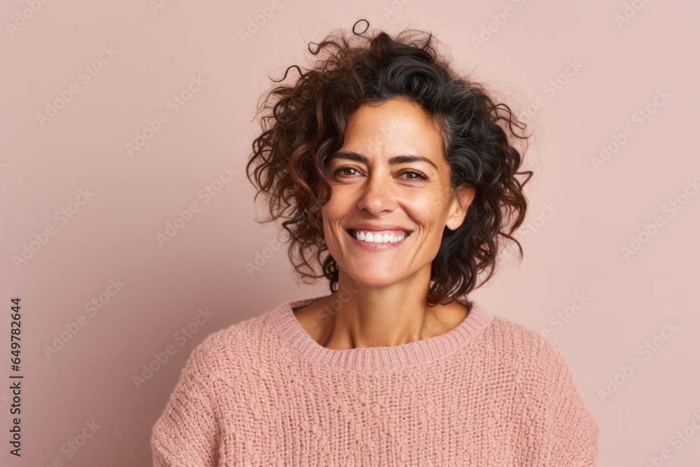 Cheerful mature woman with curly hair smiling on colored background Cheerful mature woman with curly hair smiling on colored background
