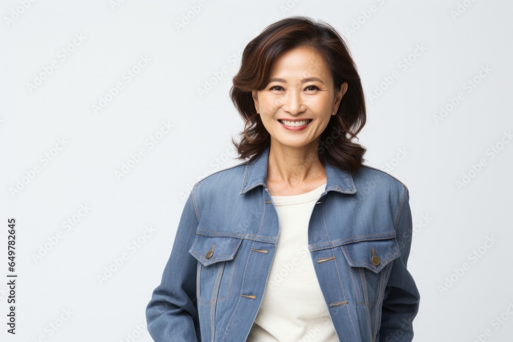 Cheerful woman with curly hair smiling and looking at camera on white background Cheerful woman with curly hair smiling and looking at camera on white background