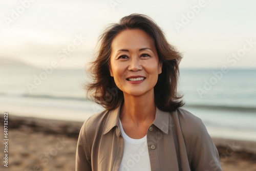 Cheerful woman with casual clothing enjoying a beach getaway  smiling and gazing at the camera