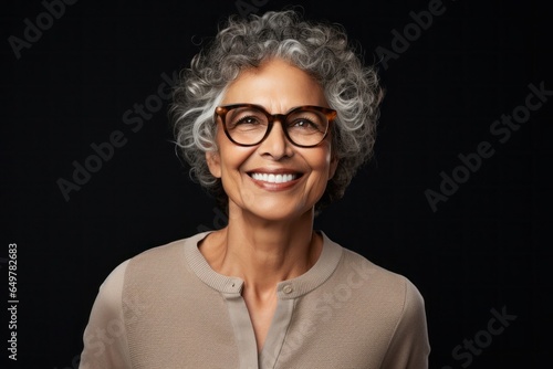 Confident, smiling mature woman with curly hair and glasses on black background