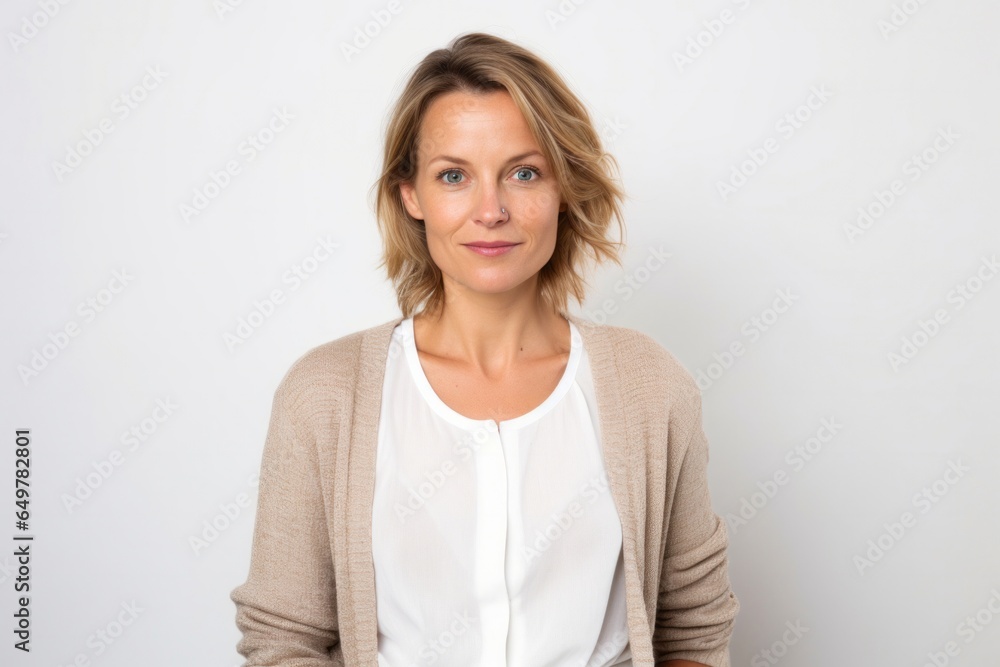Confident, elegant woman with a natural beauty, smiling at camera in indoor studio shoot