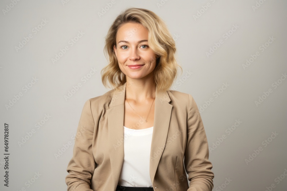 Cheerful mature woman with grey hair smiling and making eye contact in studio portrait