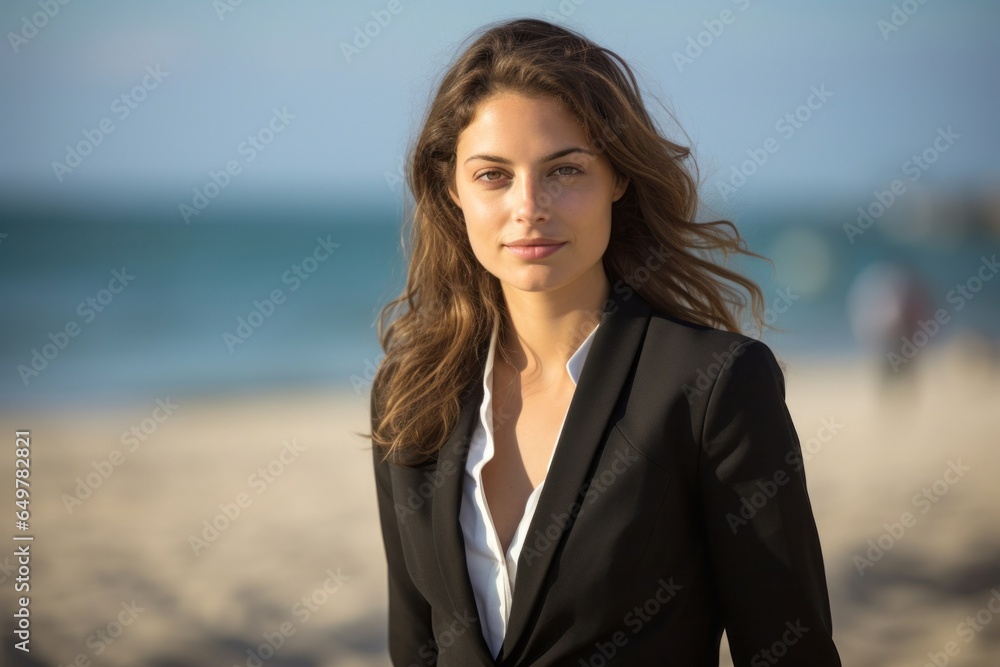 Happy young adult woman with long brown hair in a serious close-up portrait at the beach