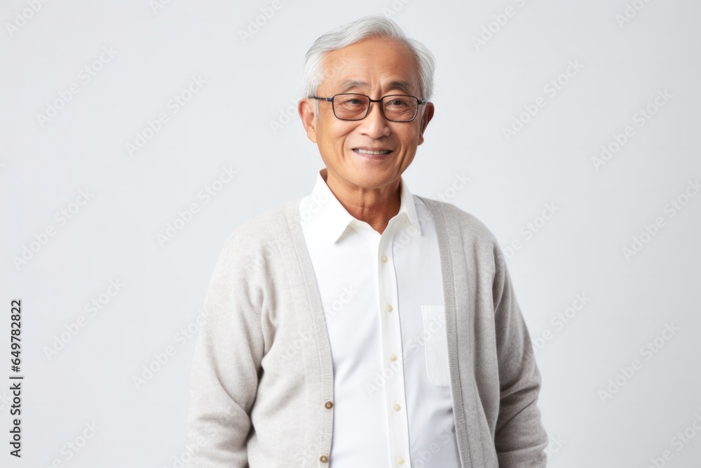 Happy senior man in casual clothing smiling at camera with glasses in studio portrait