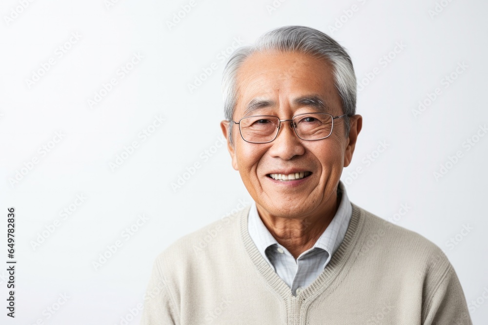 Cheerful senior man with glasses smiling at camera on white background