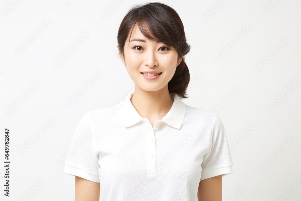 Happy woman with cheerful smile and stylish clothing, front view portrait with white background