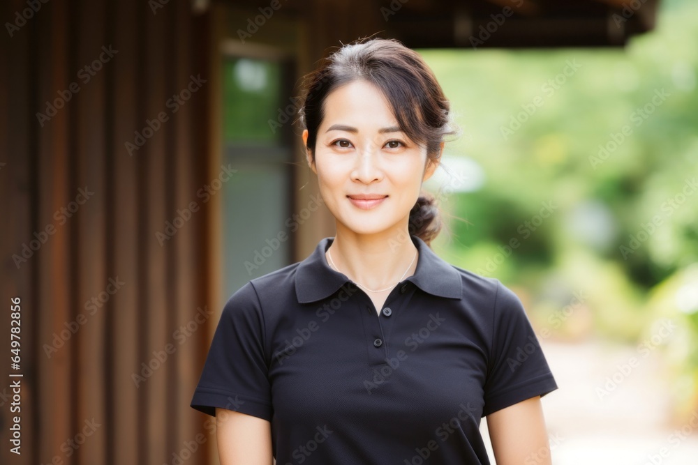 Joyful woman with a cheerful expression smiling and facing forward