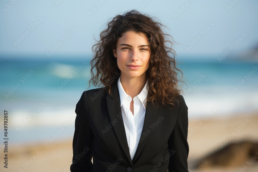 Professional woman with curly brown hair in beach portrait Professional woman with curly brown hair in beach portrait