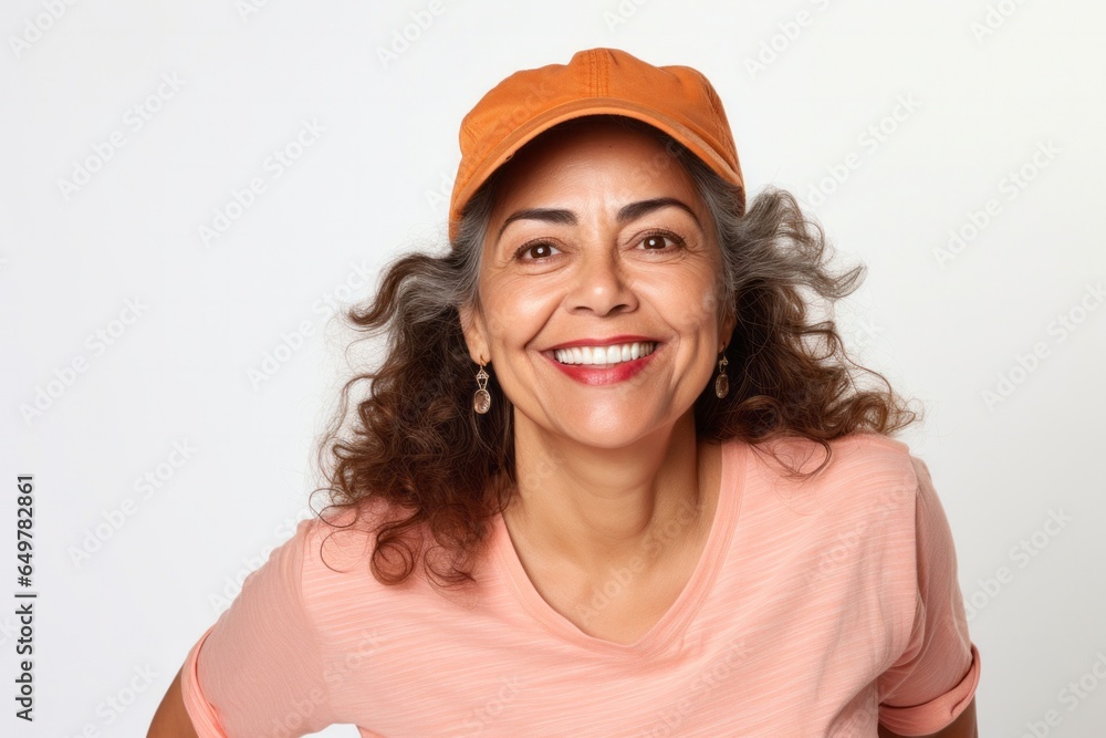 Confident mature woman with curly hair smiling happily in studio portrait