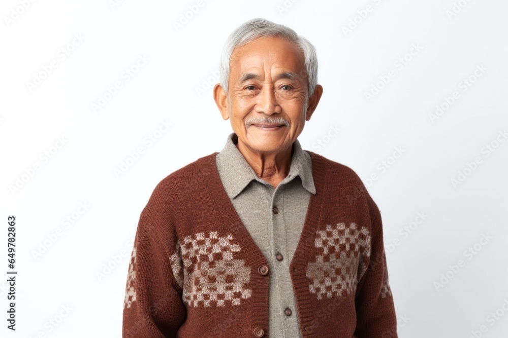 Smiling senior man with gray beard and sweater, studio portrait on blank background