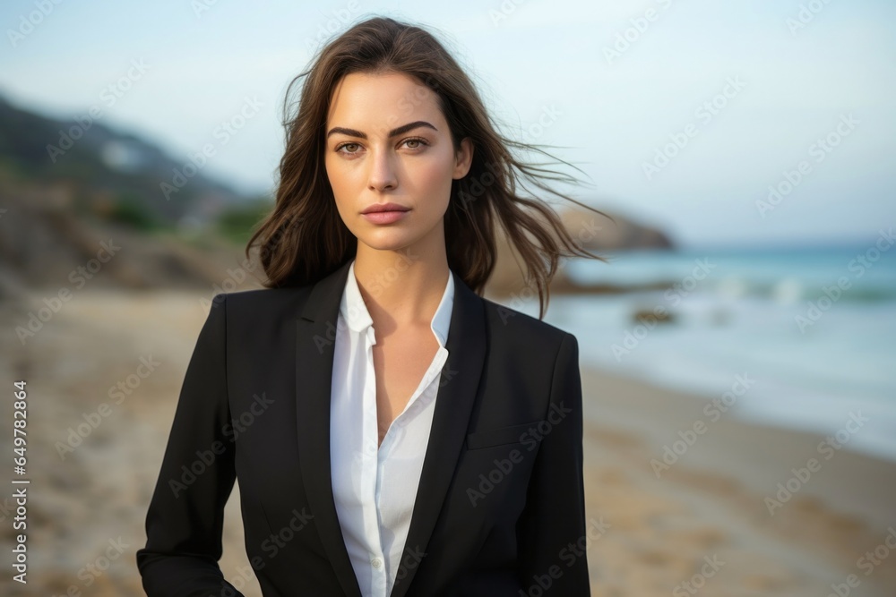 Serious young adult businesswoman on beach, waist up portrait Serious young adult businesswoman on beach, waist up portrait