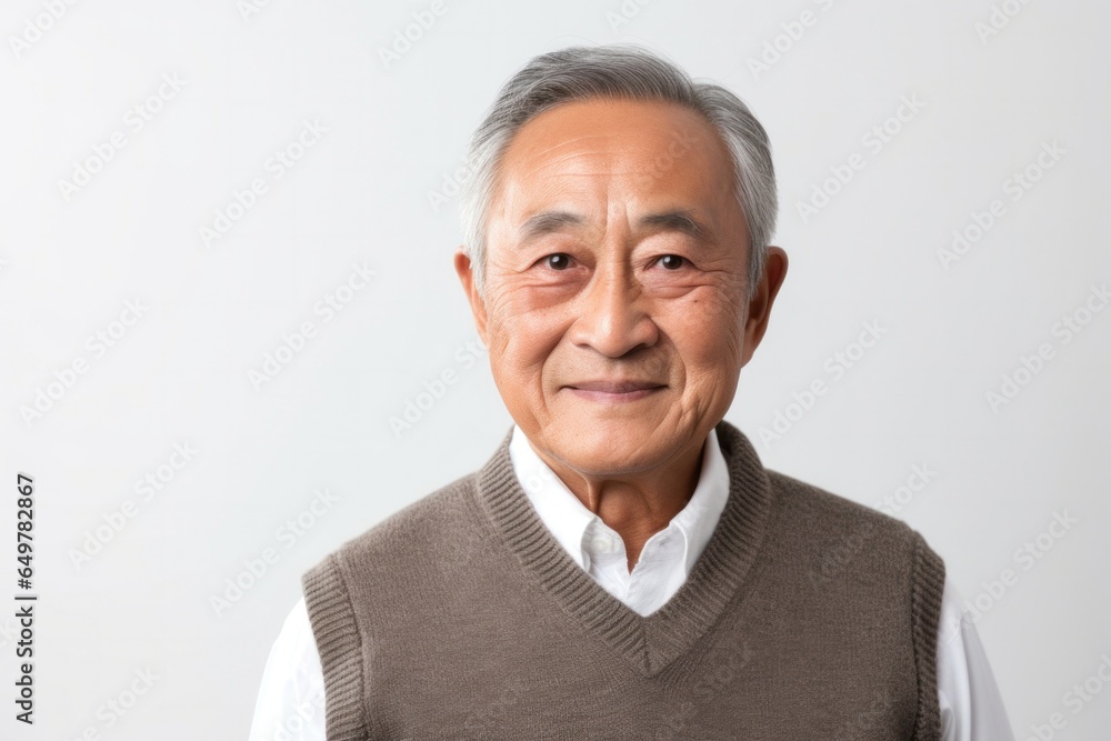 Cheerful senior man with gray hair smiling for camera on white background
