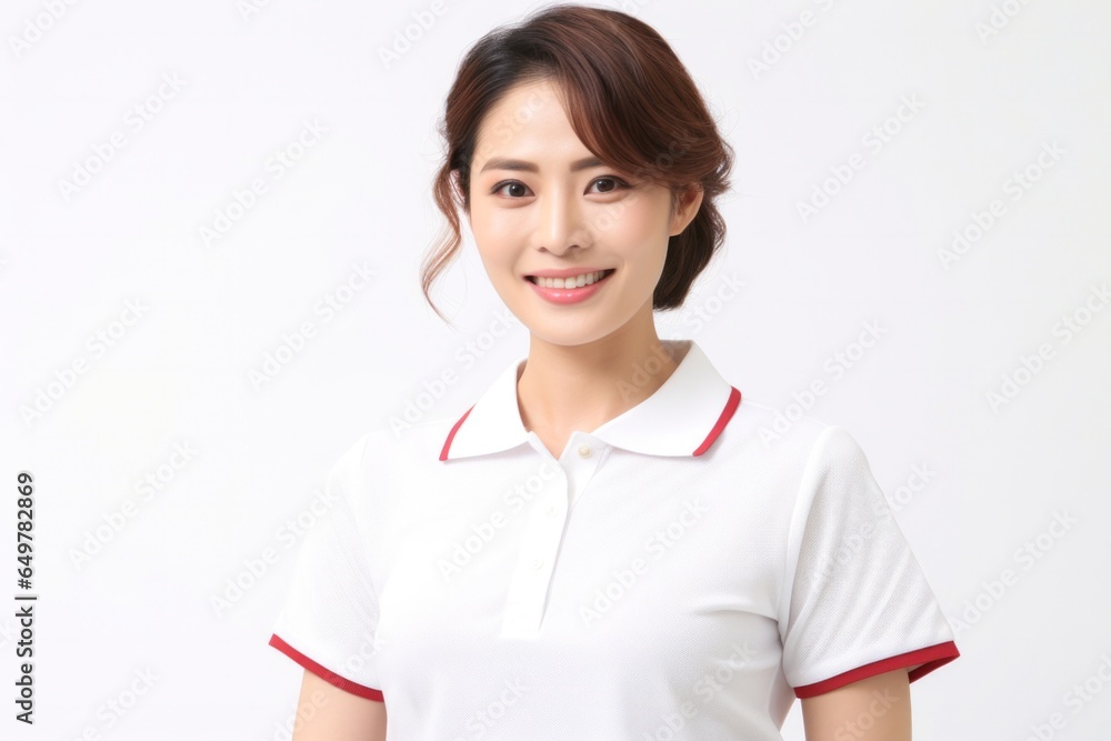 Cheerful woman in casual attire with joyful smile, looking at camera on white background