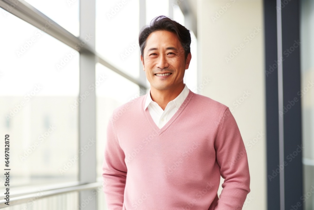 Cheerful mature man smiling and standing in front of architecture, surrounded by happy friends