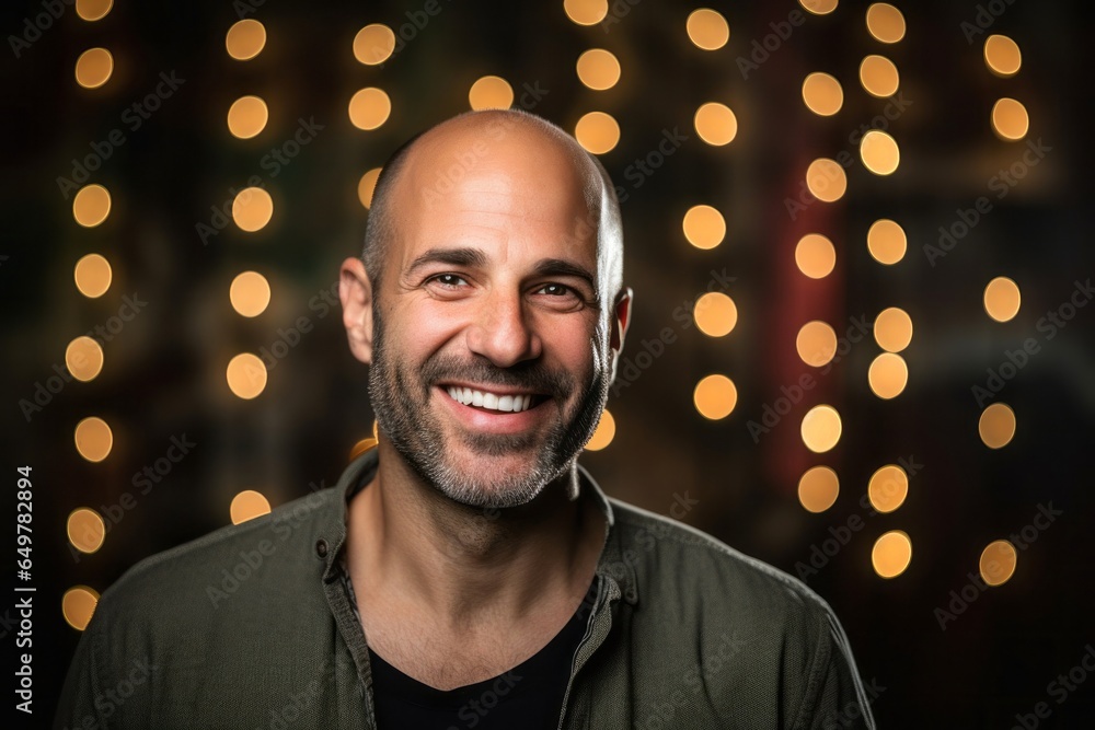 Cheerful smiling man with beard, content and happy, posing for headshot indoors at night