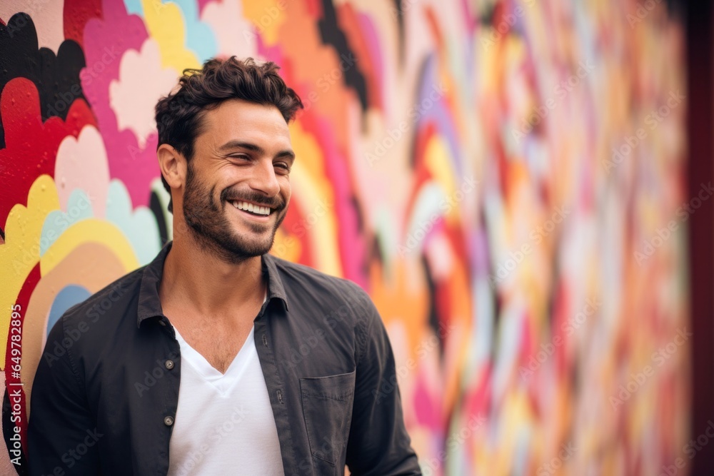 Smiling young adult with beard creating graffiti art on wall