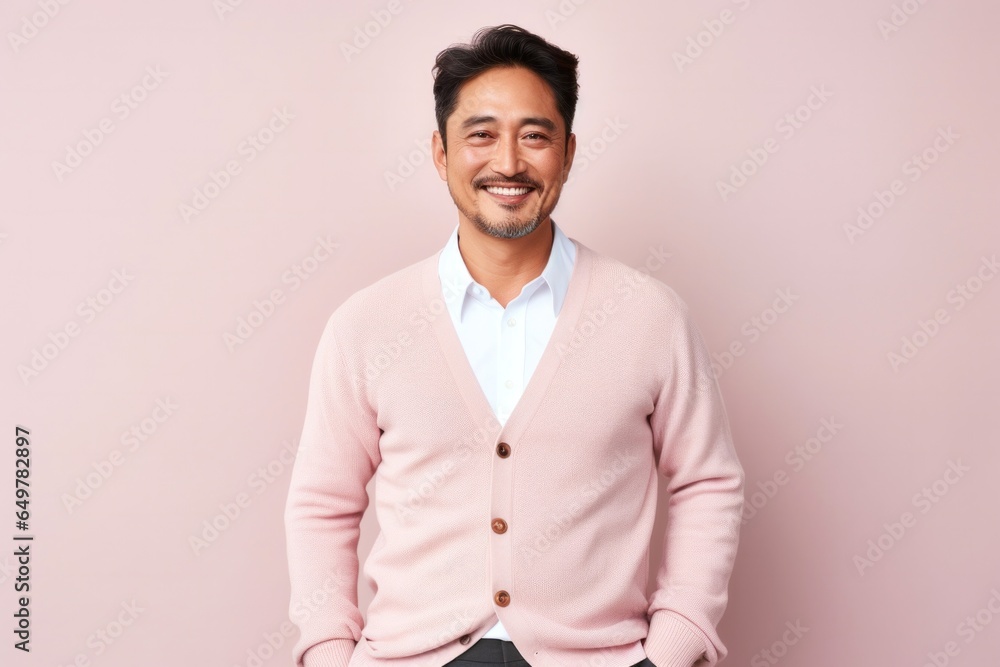 Cheerful friends smiling and standing in a studio with a colored background