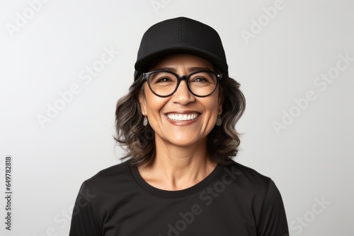 Obraz na płótnie Cheerful woman with spectacles smiling confidently at camera w salonie