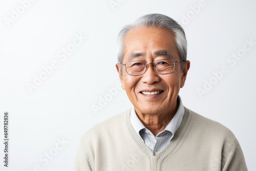 Obraz na płótnie Cheerful senior man with glasses smiling at camera on white background w salonie