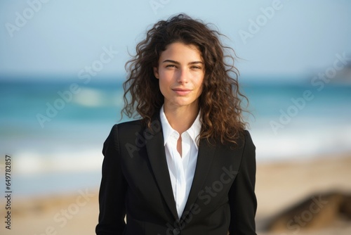 Obraz na płótnie Professional woman with curly brown hair in beach portrait w salonie