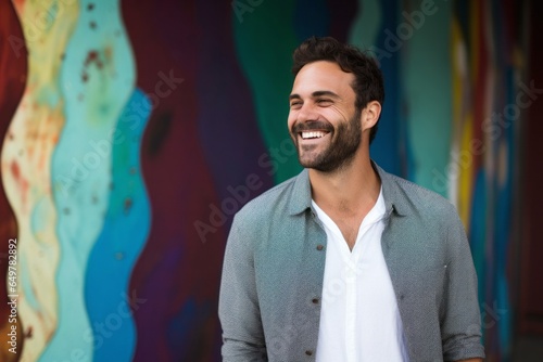 Cheerful bearded man smiling and standing indoors, portrait of happy guy