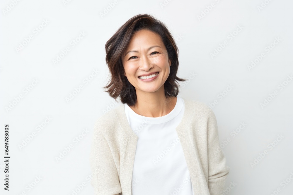 Cheerful mature woman smiling at camera on white background Cheerful mature woman smiling at camera on white background
