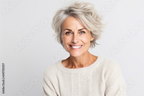 Cheerful senior woman with gray hair smiling at camera