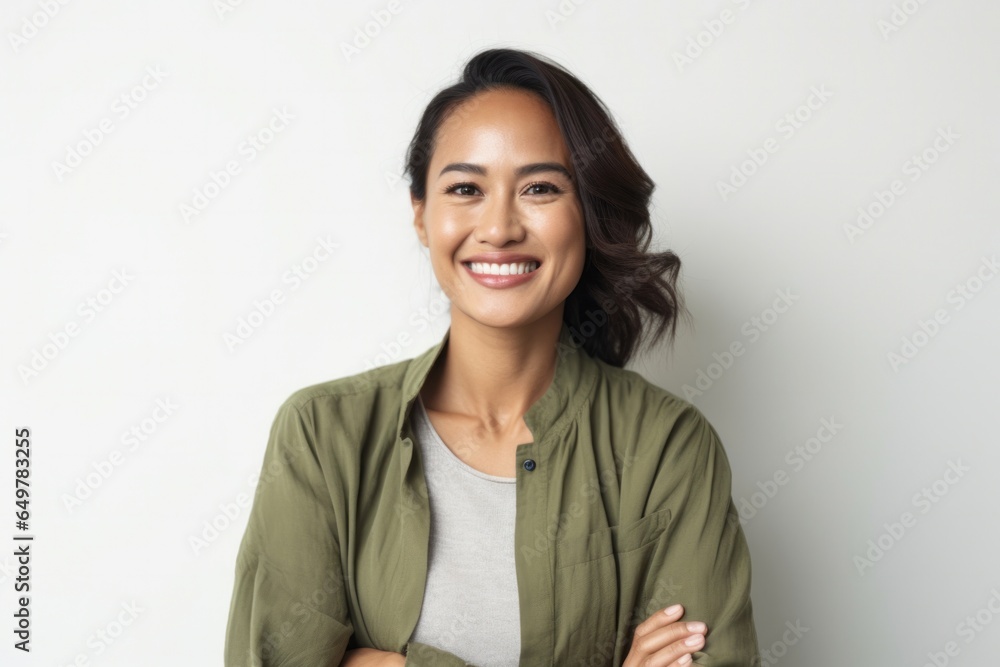 Cheerful woman with bright smile and casual clothing on white background Cheerful woman with bright smile and casual clothing on white background